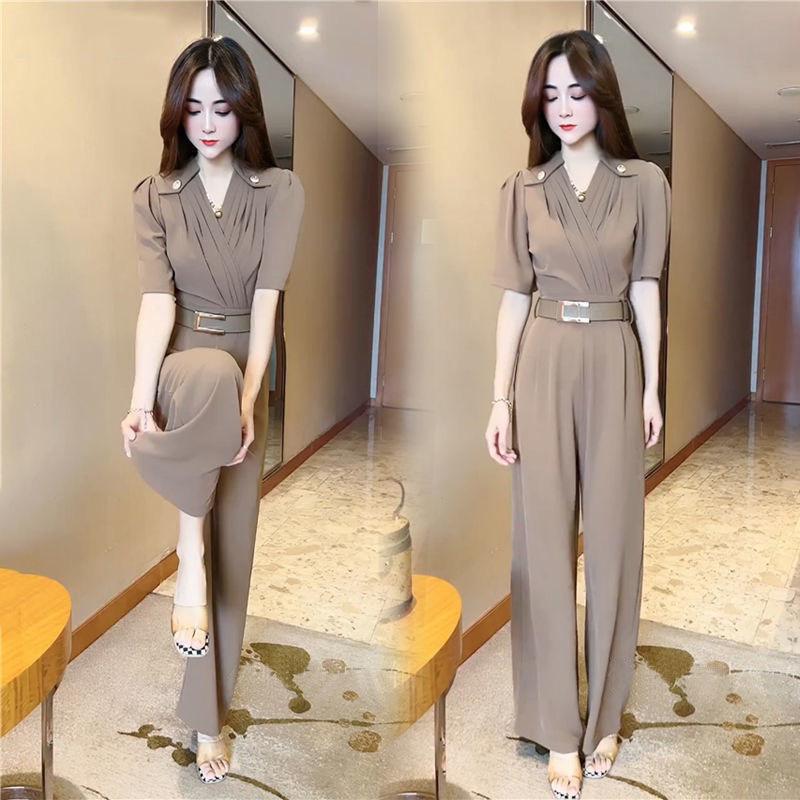 Jumpsuit Dài bộ Jum dài ống suông cổ chữ V phối Đai eo xinh xắn màu Nâu Tây J245 sétđồ nữ sétđồ dángdài thắteo sétđồ set quầnloe set quầnloe váybody da bộ cộctay quần chữthập loe quần chữthập setyếm gấmhoa Women 【 đơn   885 xanh biển đầu ời trang