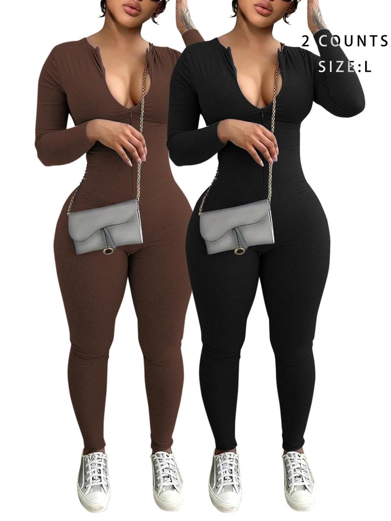 Product Introduction of Women's Solid Color Zip Up Skinny Jumpsuit Set, Casual Long Sleeve Round Neck Jumpsuit Set for Daily Wear, Ladies Clothes for All Seasons 8