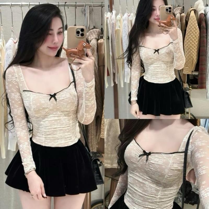 DEAL XẢ KHO - SET ÁO REN TAY DÀI HOA NỔI Phối Chân Váy dáng xòe có lót Dress Nữ - DinhLanAnhStore