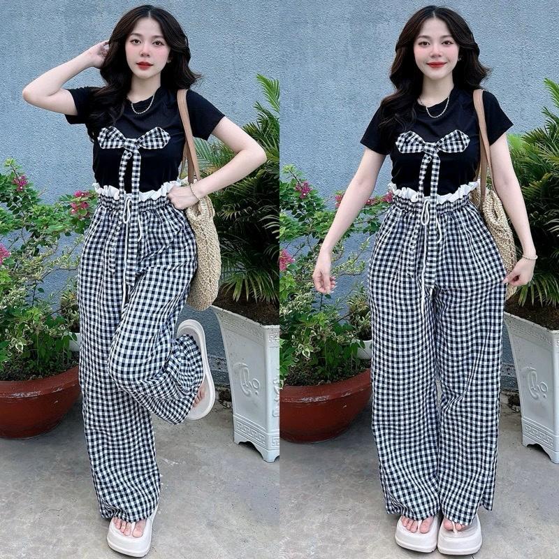 Sét bộ đũi caro nữ mặc đi chơi mặc nhà áo croptop ngắn tay cổ tròn chất tăm đính nơ mix quần dài sọc caro ống suông eo chun kèm dây rút