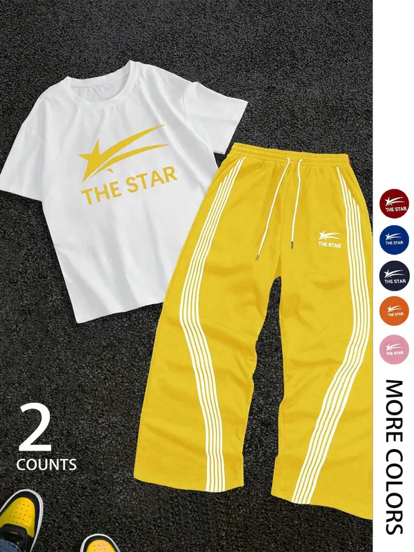 Two-Piece Set Men's Letter Print Short Sleeve Tee & Tracksuit Legging Set, Regular Fit Round Neck T-shirt & Striped Print Pants, Casual Fashion Breathable Men Two-piece for Gym Workout Running 5
