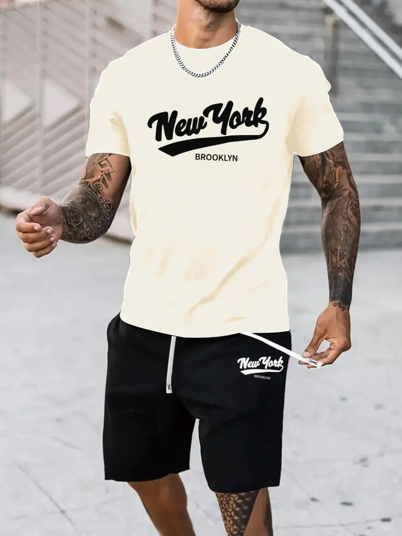 Two-Piece Set Men's Letter Print Tee & Shorts Set, Regular Fit Casual Short Sleeve T-shirt & Track Shorts, Summer Clothes Set for Men