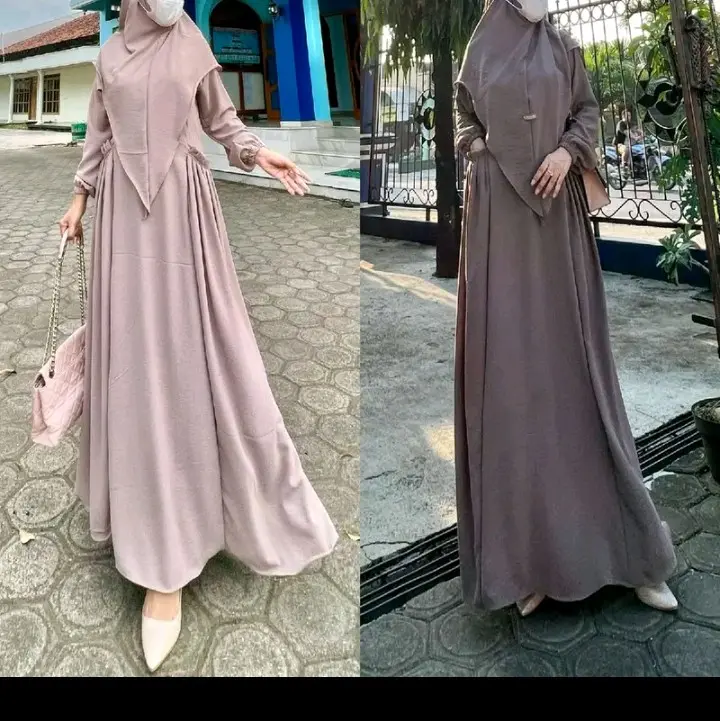 gamis set hijab Amira bahan crinkel airflow adem dan tidak nerawang kerudung bergo