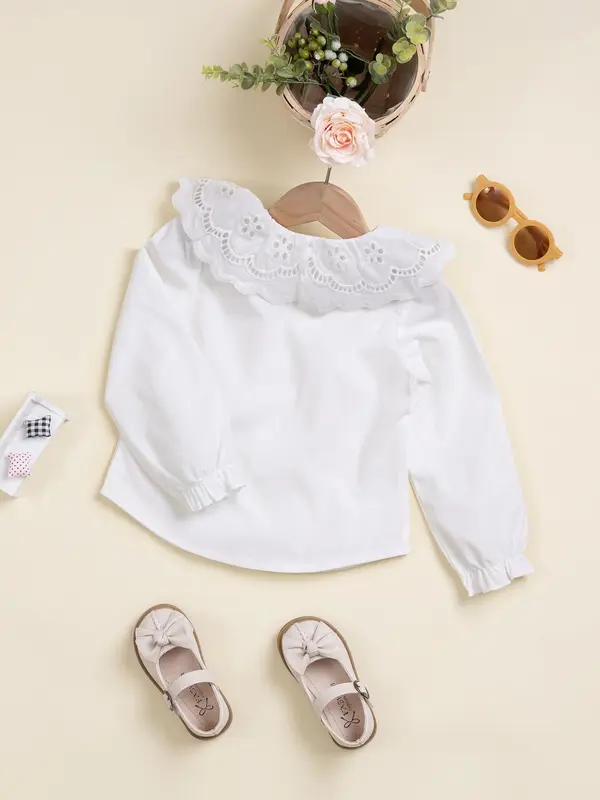 Toddler Girl's Plain Lace Trim Blouse, Casual Long Sleeve Top for Daily Wear, Kids Clothes for All Seasons 1