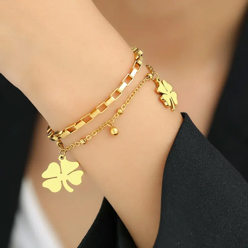 Vòng Tay Phong Cách Cung Điện, Dành Cho Phụ Nữ, Thiết Kế Cỏ Bốn Lá May Mắn, Thời Trang Thanh Lịch, Được Làm Bằng Thép Titan, Thích Hợp Cho Phong Cách Đi Chơi Tài Lộc May Mắn, Thiết Kế Độc Đáo Hai Lớp, Hàng Mới Về Móc Khoá Kiềng 0