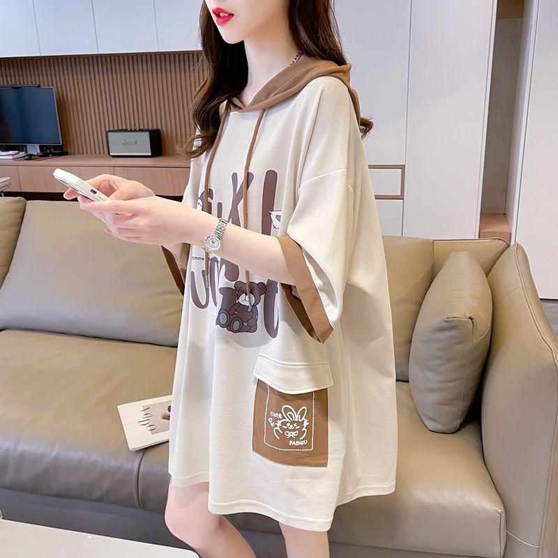 Product Introduction of Áo Thun Ngắn Tay Có Mũ Trùm Đầu, Dành Cho Nữ, Phong Cách Hàn Quốc, Dáng Rộng Vừa Vặn, Dễ Phối Đồ Đi Chơi, Màu Tương Phản, Áo Tay Lửng Ngoại Cỡ Thời Trang, Mùa Hè 2024 Hàng Mới Về Women Top Hoodie Cổ Tròn 4