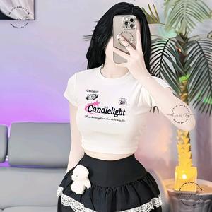 Áo Thun Croptop Thun Borip Form Basic Ôm Body In Hình "Candlelight", Nữ Women Cổ Tròn Dáng Ngắn