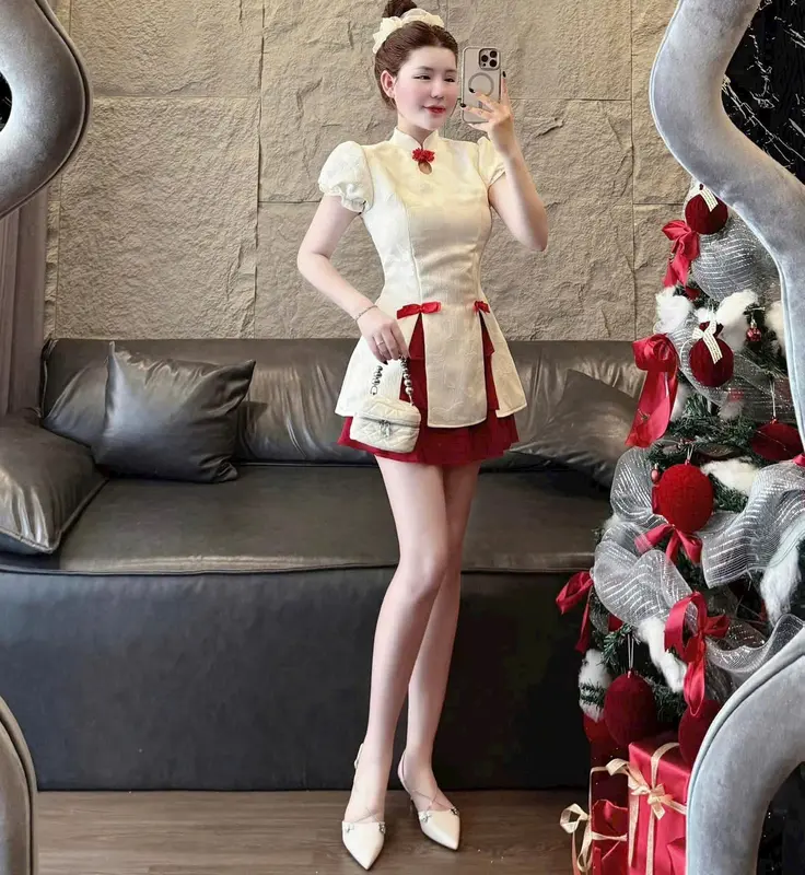 Bộ áo gấm cổ tàu tay phồng nữ tính đính nơ xẻ tà phối chân váy xòe cho nàng diện đi chơi noen, lễ tết - Women, Dress 5