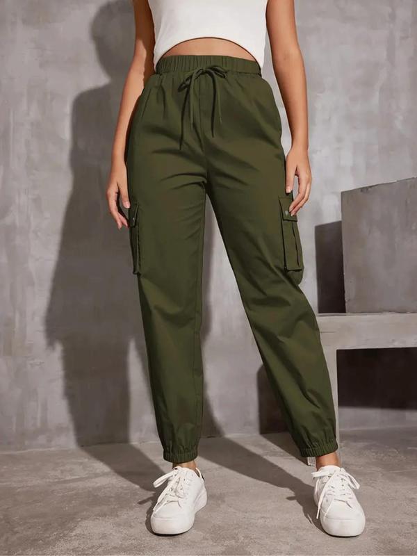 Women's Solid Pocket Drawstring Cargo Pants, Casual Y2K Style Pants for Daily Wear, Ladies Bottoms for Spring & Fall 3