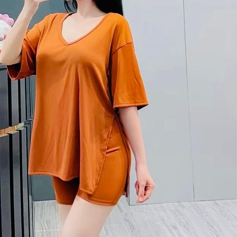 Đồ Bộ Thun Bigsize Quần Lửng Ngố Có Túi ESHOP Đồ Bộ Đồ Mặc Nhà Áo Cổ Tim Thun Tăm Lạnh Đẹp Dễ Thương Set Bộ Xinh Mặc Hè CT69 Top