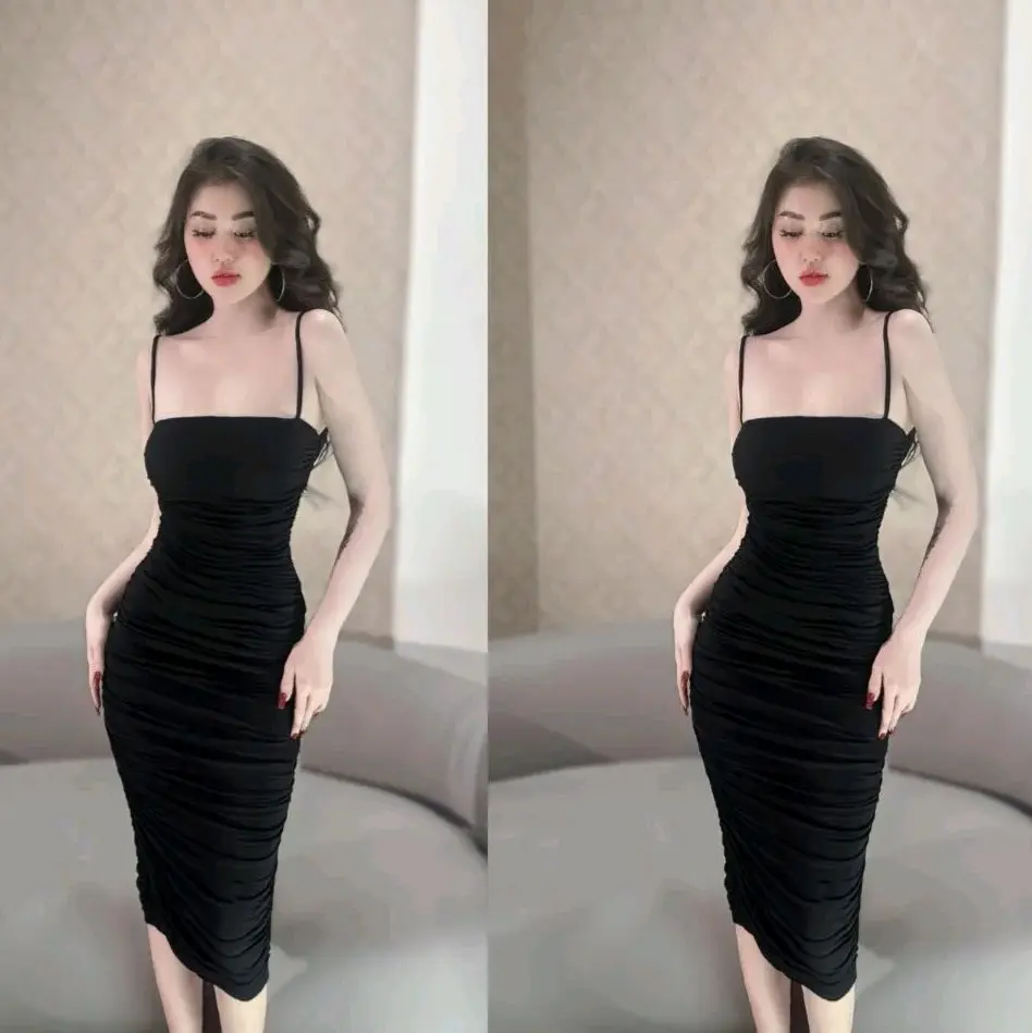 Váy body 2 dây nhún sang chảnh tôn dáng đính tag X