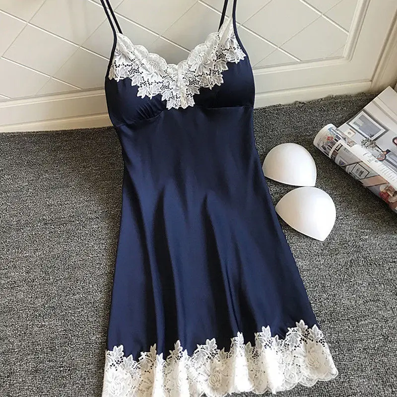 1pc Women's Lingerie Summer Silk Night Gown Lace Patchwork Mini Night Dress Spaghetti Strap Sleepwear Ladies With Chest Pad Loungewear Womenswear Lady Comfort