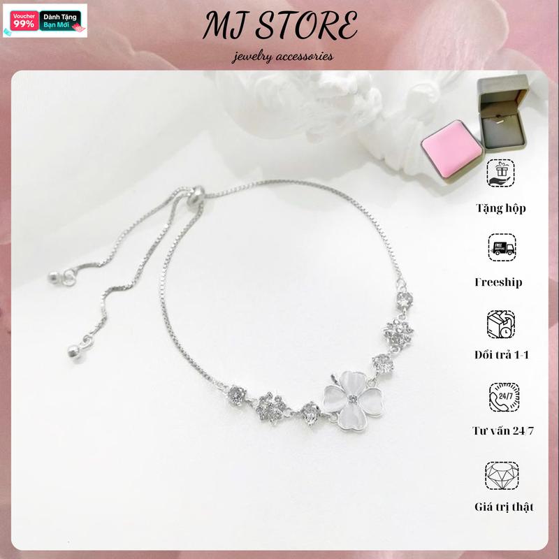 BM  Lắc tay bạc nữ , vòng tay trang sức dây rút cỏ 4 lá đính đá tinh tế thanh lịch