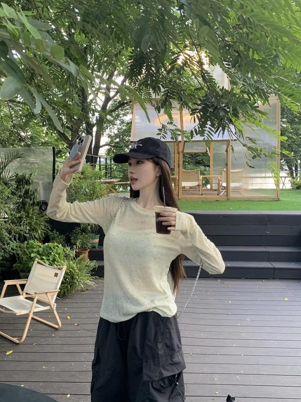 Áo Thun Len Dệt Kim Mỏng Dài Tay Dáng Rộng Phong Cách Năng Động Cho Nữ