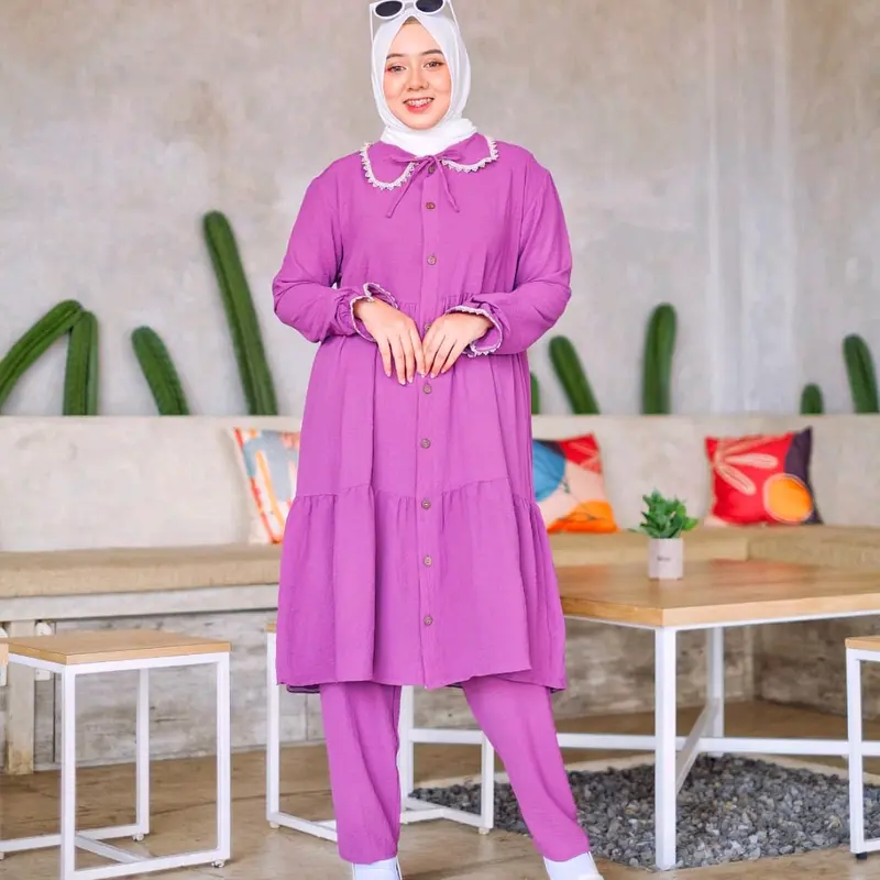Baju One Set Setelan Stelan Celana Panjang Dan Atasan Tunik  Wanita Dewasa Muslim Crinkle Crengkle Kringkel Airflow Couple Ibu Dan Anak Perempuan Terbaru Kekinian Cantik Simple Elegant Pasangan Mewah Keluarga Polos 4
