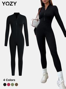 YOZY Solid Long Sleeve Zip Up Long Jumpsuit, Casual Stand Collar Bodycon Jumpsuit, 2024 Women's Spring & Autumn Outfits for Daily Wear