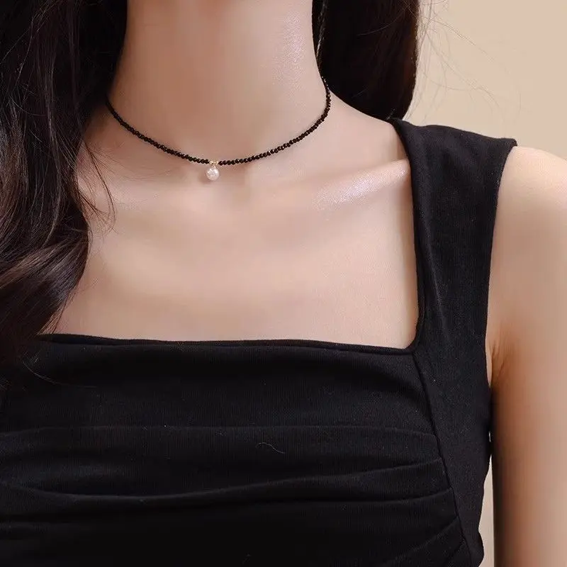 Vòng Cổ Ngọc Trai Pha Lê, Cao Cấp, Đen, Dành Cho Nữ, Phong Cách Sang Trọng Giá Cả Phải Chăng, Mặt Dây Chuyền Ngầu Dễ Phối Đồ Ins, Thiết Kế Độc Đáo Dây Chuyền Xương Đòn