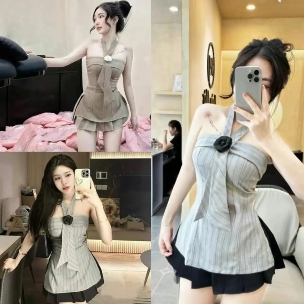 Set Áo Cup Xẻ Tà Kèm Dây Coa Tag Hoa Trà mix Chân Váy Xếp Li