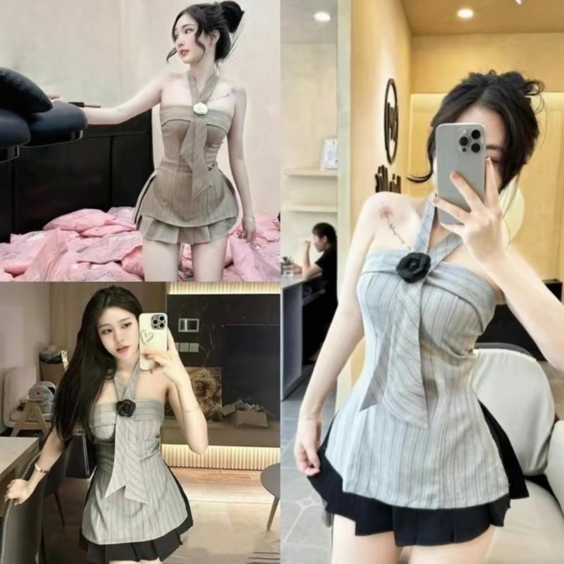 Set Áo Cup Xẻ Tà Kèm Dây Coa Tag Hoa Trà mix Chân Váy Xếp Li