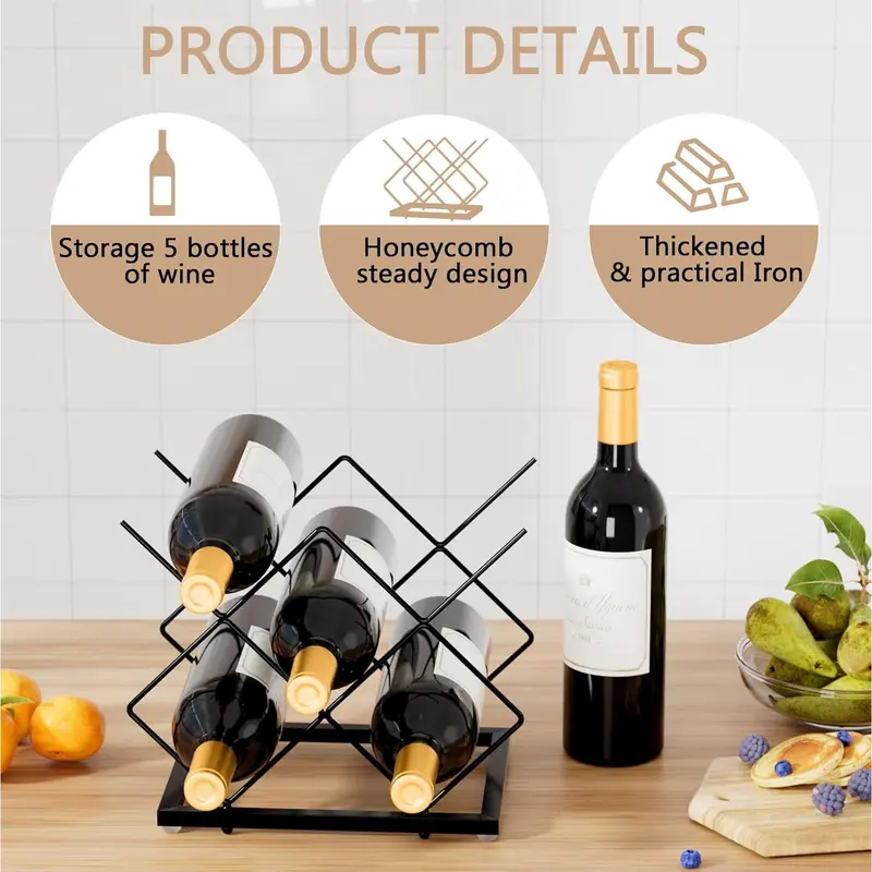 Local shipping-Deco Small Wine Rack 5 Bottle Holder - Modern Metal Wire Wine Storage for Countertop Table Top Coffee Bar Kitchen (Black) 2