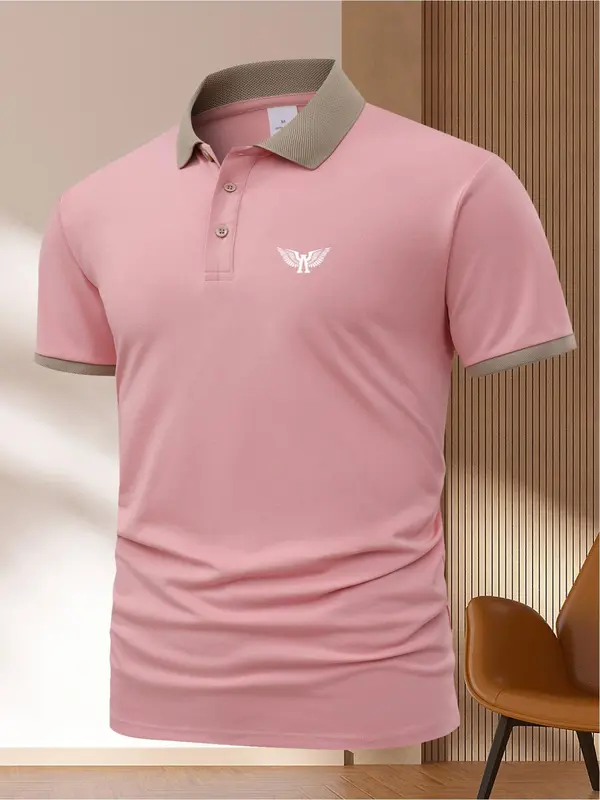 Men's Wing Print Polo Shirt, Regular Fit Casual Short Sleeve Collared Top for Summer, Fashion Men's Clothes for Daily Wear 1