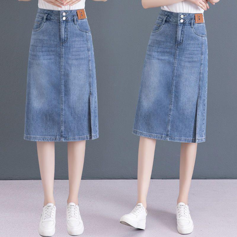 Chân Váy Denim, Dành Cho Nữ, Cạp Cao, Chân Váy Chữ A, Mỏng Và Mỏng, Dài Trung Bình Thiết Kế Xẻ Tà, Phong Cách Bodycon, Hàng Mới Về Mùa Hè 2024 3