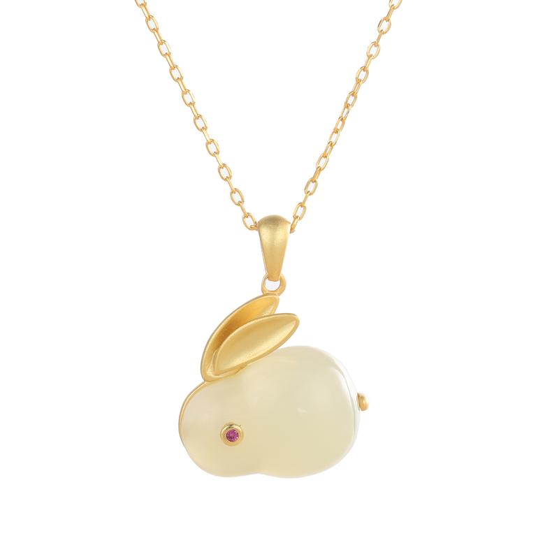 Hetian Jade Hare Pendant S925 Silver Plated Cute Jade Hare Ear Stud Necklace Bracelet Ring Fairy Jewelry Suit 5