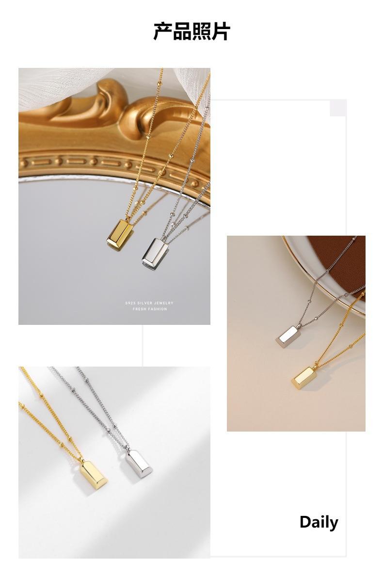 Product Introduction of Japanese and Korean-Style Light Luxury Lucky Small Gold Bar Pendant Necklace Women's Creative Mini Square Gold Brick Design Titanium Steel Clavicle Chain 4