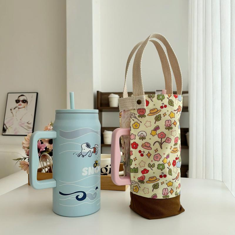 Túi đựng bình nước bottle bag thiết kế mới 2 quai chất liệu canvas phối vải in hình hoạt hình hoa lá Hiany AV03 7