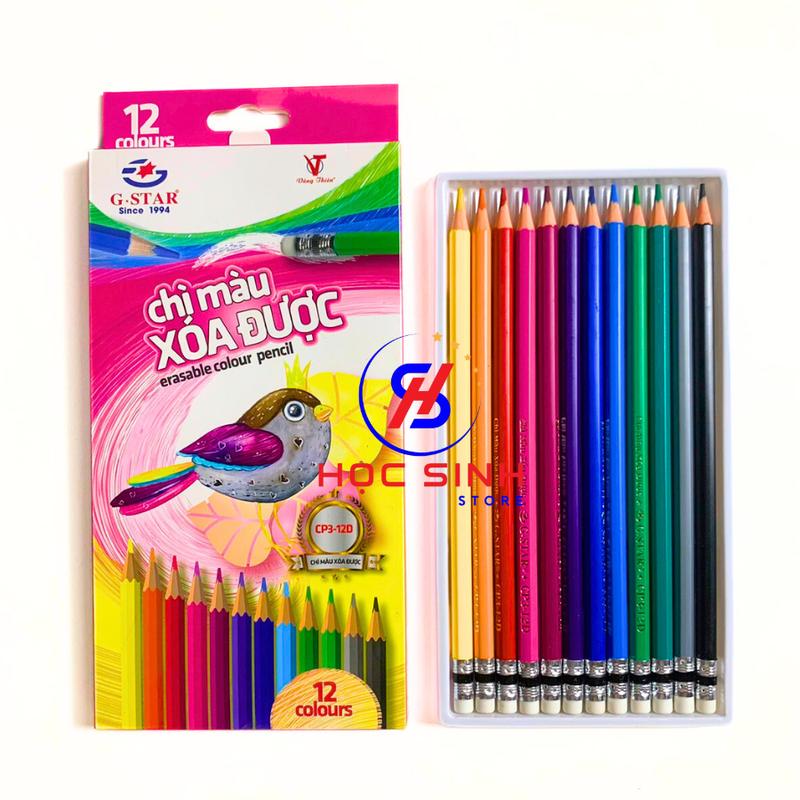 Hộp 12 Cây Bút Chì Màu Xóa Được CP3-12D Hiệu G-Star, Màu Chì Sáng, Bám Giấy