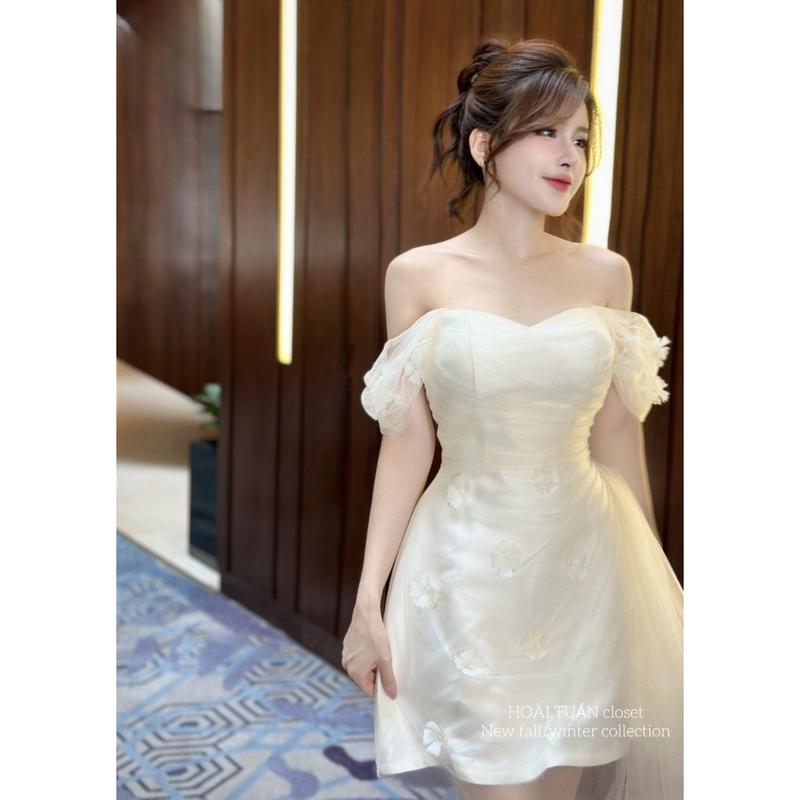 BỐNG - Váy thiết kế tafta phối tơ trễ vai đính hoa Nữ Women Dress 4
