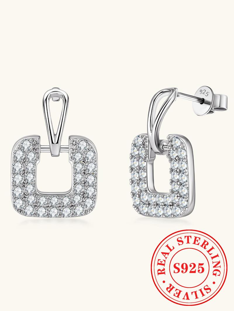 Product Introduction of S925 Sterling Silver Fashion Square Shaped Earrings, 2024 New Style Synthetic Moissanite Decorated Earrings, Trendy All-match & Exquisite Jewelry for Birthday Gift 0