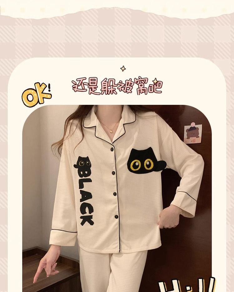Product Introduction of Bộ Đồ Ngủ Bánh Quế, Dày Và Ấm Áp, Dành Cho Nữ, In Hình Hoạt Hình, Dài Tay, Áo Cardigan Thường Ngày Đồ Mặc Ở Nhà, Bộ 2 Chiếc Women Pijama 9