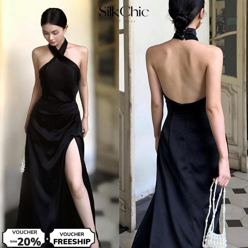  Đầm Lụa Xẻ Tà Dây Chéo Cổ Dự Tiệc Quyến Rũ SilkChic 656 Váy Lụa Xẻ Tà Chéo Cổ Dự Tiệc Đi Chơi Sang Chảnh  Dress Nữ 