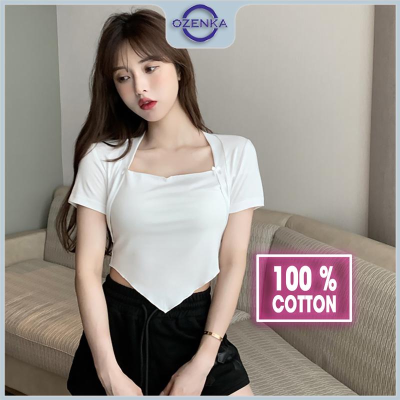 Áo croptop cổ vuông vạt yếm nữ OZENKA , áo thun kiểu hàn quốc nữ tay ngắn ôm body đen trắng đẹp dưới 55 kg ( Note size khi đặt shop nha) Cotton Cổ Tròn Shirt Sơ Mi Jean Women Kem ống đen đính đá nơ