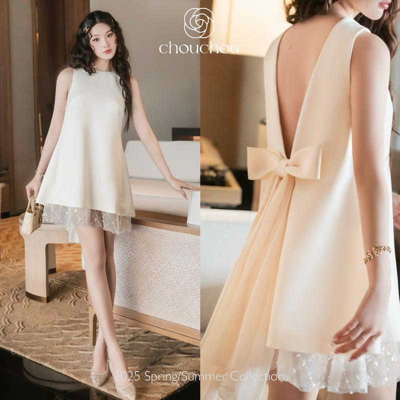 [CHOUCHOU-DOANNGANCHAU] - Đầm Nữ - Đầm Suôn Nơ Lưng - Đơn Giản - Dễ Thương Women Dress Nhung Kem 0