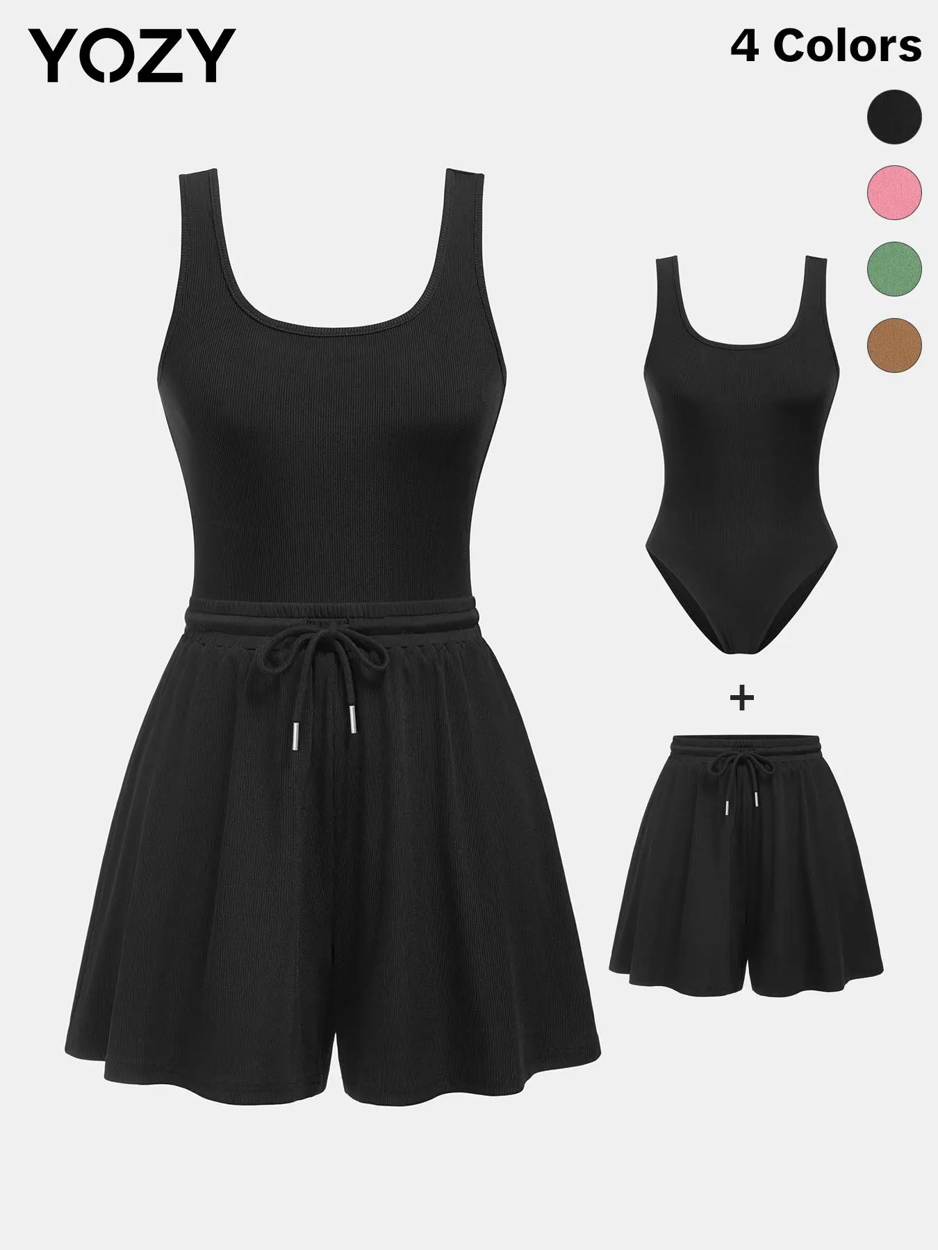 YOZY Ribbed Square Neck Tank Bodysuit & Wide Leg Shorts Set Casual Snap Crotch Design Bodysuit & Drawstring Shorts Set, Loungewear Sets, Two Piece Set Co-ord, 2024 Women's Summer Outfits, Travel