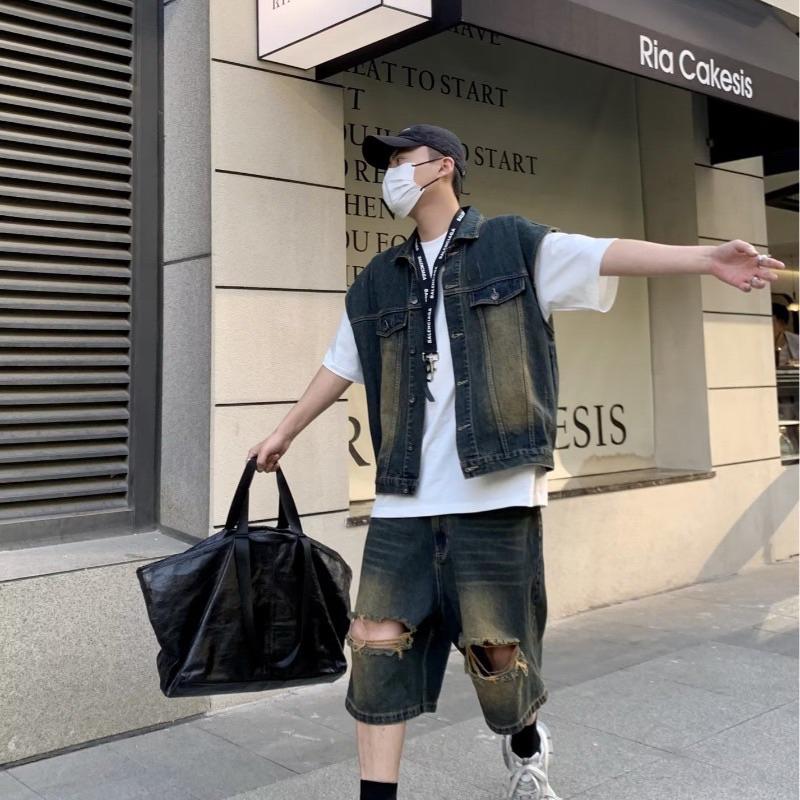 Áo gile và quần short jean loang PAM wash Vàng (có tách lẻ) mua cả set chọn cả áo và quần form Nam nữ unisex/ Jaystoree Sơ Mi Menswear