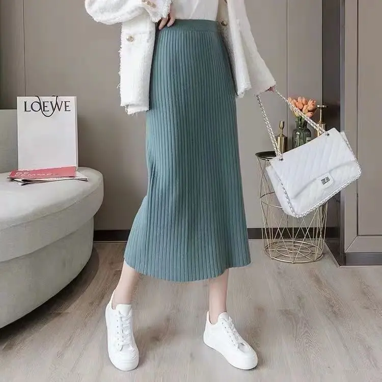 [] Knitted Skirt Women's Autumn Clothing 2024 New Fashionable with Side-Slit One-Step Skirt Mid-Length Slim High Waist Bag Arm Skirt Womenswear Bottom Lingerie Lady Comfort Basic Minimalist Womenswear Bottom polo ralph rok  jeans