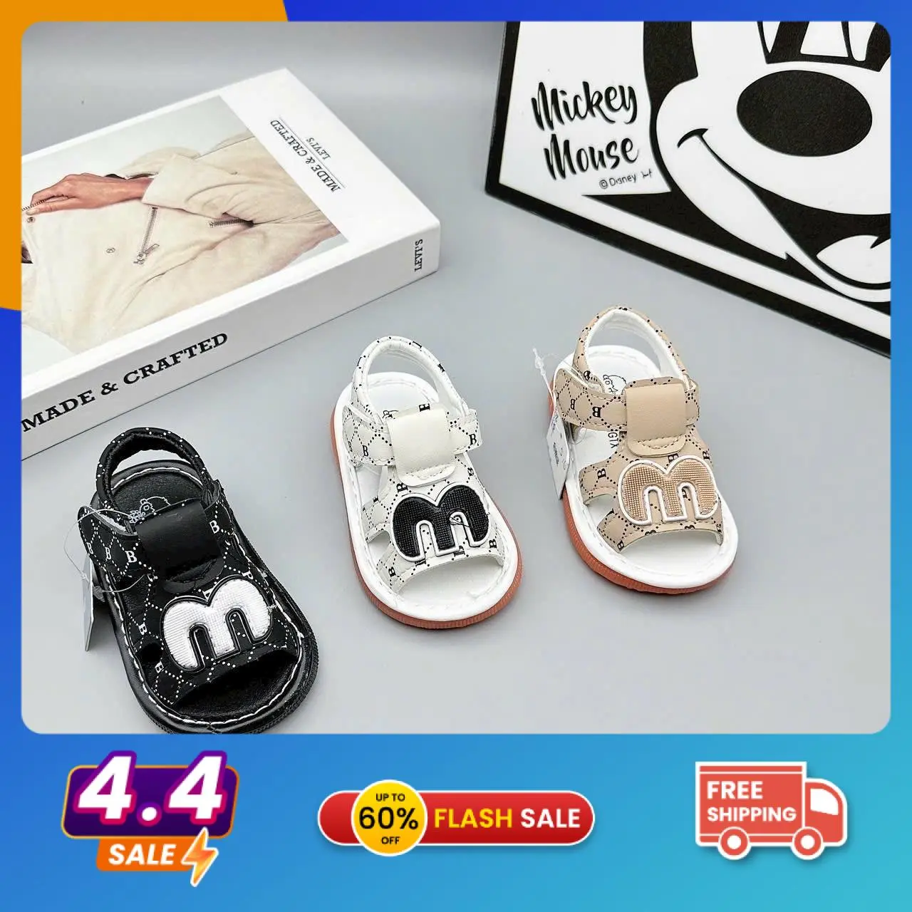 Giày tập đi cho bé sơ sinh có đèn có kèn phát tiếng kêu, da mềm êm đế cao su chống trượt Voi Kem Sandal Dép Sandal Len