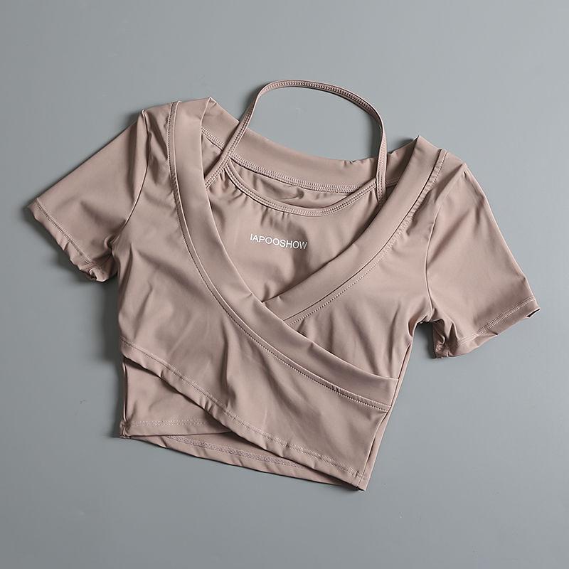 Product Introduction of Áo Crop-Top, dành cho nữ, ngắn Tay, bó sát, hai mảnh giả, thích hợp cho tập luyện, chạy, tập luyện, Yoga, áo phông với đệm ngực 5