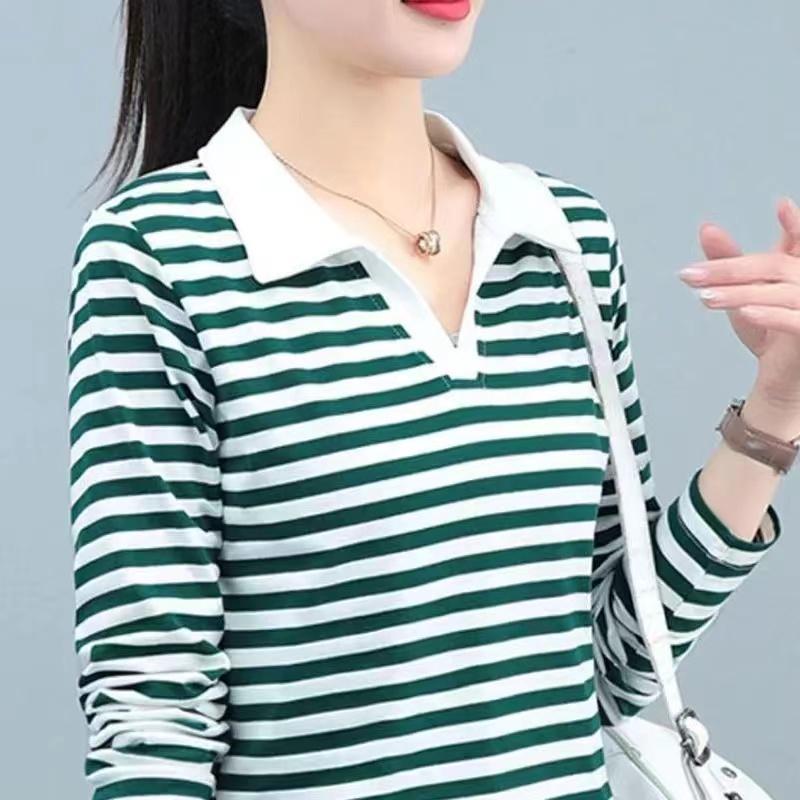Product Introduction of Youthful Turn-down Collar T-shirt Striped Slim Fit Women Spring Autumn 2024 New Age-reducing Polo Collar Long Sleeve T-shirt 4