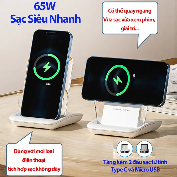 Sạc Nhanh Không Dây 65W A9299 Thế Hệ Mới Thích Hợp Cho Tất Cả Các Dòng Điện Thoại Tặng Kèm 2 Đầu Sạc Từ Tính 2