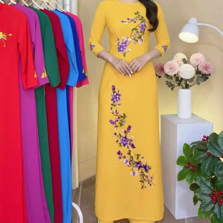Áo dài truyền thống tằm ý thêu hoa nhiều màu Nữ Women Nhung Dress