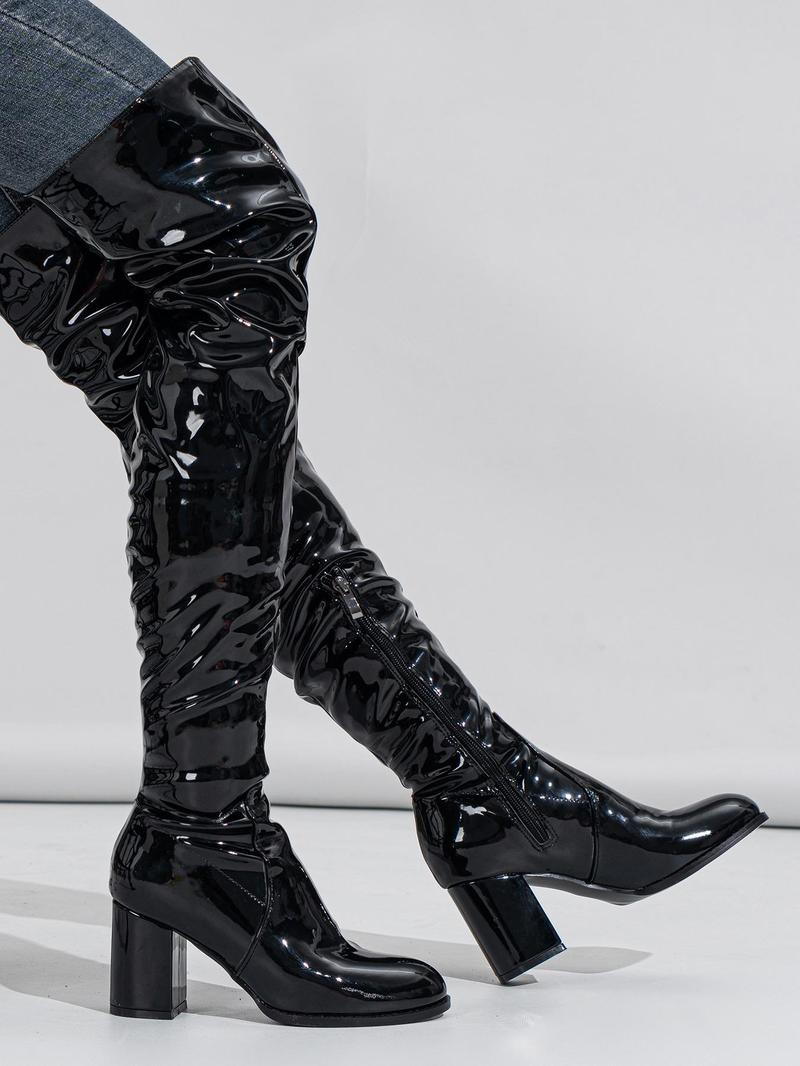 Product Introduction of Women's 2023 New Fashion Pu Over-the-knee High Heeled Boots, Elegant Plain Side Zipper Design Boots, European and American Style Pointed Toe Slouchy Boots for Parties and Evenings 15