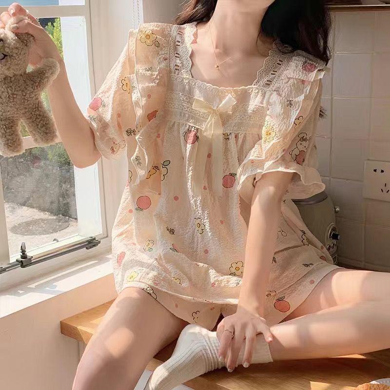 Product Introduction of Bộ đồ ngủ bằng vải bông mùa hè của phụ nữ Dễ thương Patrick Ngôi sao ngắn tay ren trang trí bong bóng Nếp nhăn Mục vụ Loungewear hai mảnh Áo 20