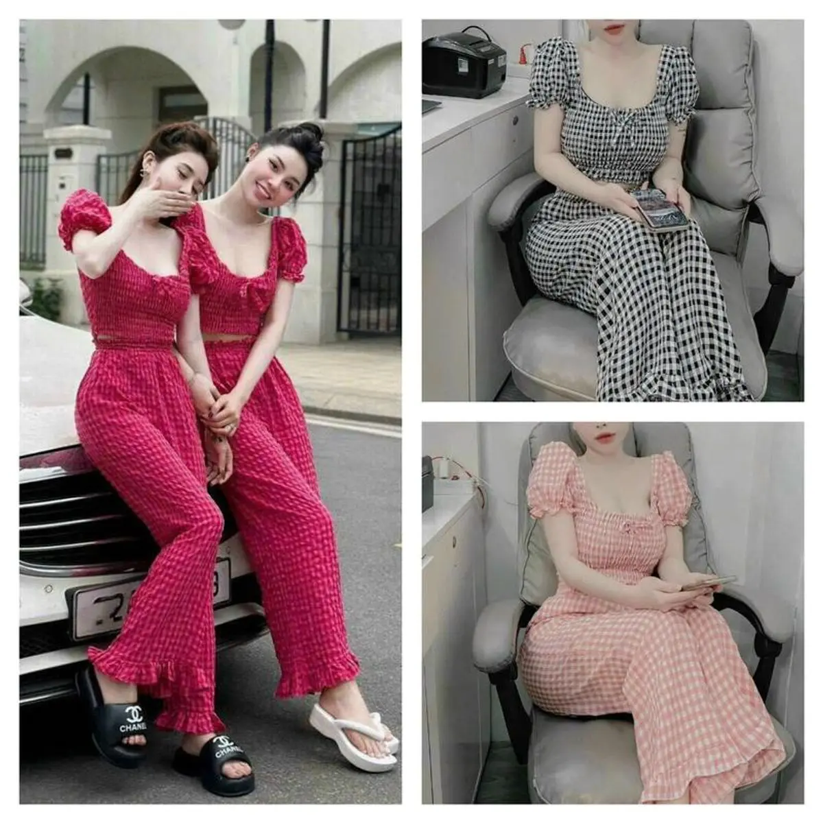 Set áo croptop bo chun tay búp quần dài caro chất đũi 3 màu Mua rẻ Top Dress Women Nữ