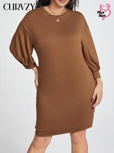 CURVZY Plus Size Solid Color Round Neck Dress, Casual Long Sleeve Crew Neck Dress for Spring & Fall, Women's Clothes for Daily Wear