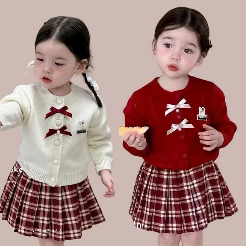 Set Váy Thu Đông Mặc Tết. Váy Thu Đông Mặc Tết Áo Tăm Len kèm Chân Váy Kẻ Cho Bé Gái Từ 9-23kg.