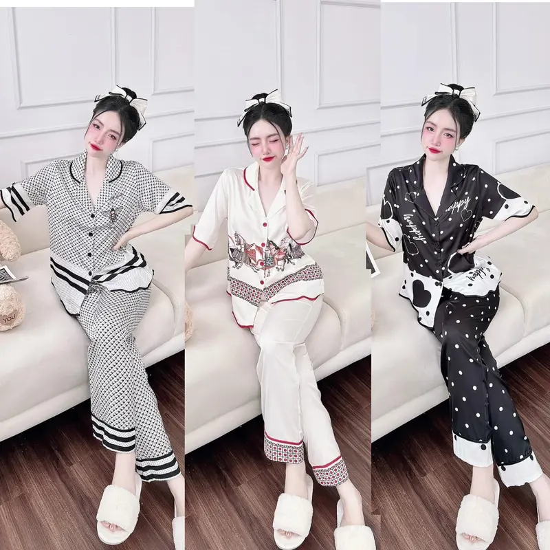 Bộ Đồ Pijama Nữ Mặc Nhà Dáng Suông Tay ngắn line lượn sóng Vải Lụa Xước Hàn Thoáng mát 3